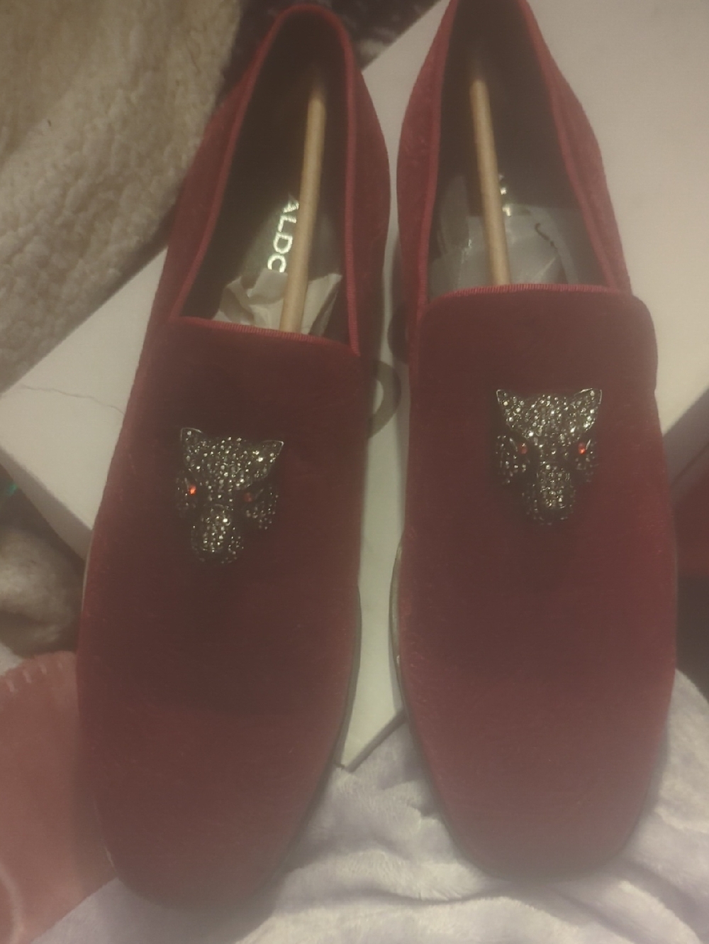 Aldo Burgundy Velvet Loafers with Crystal Cat Accent